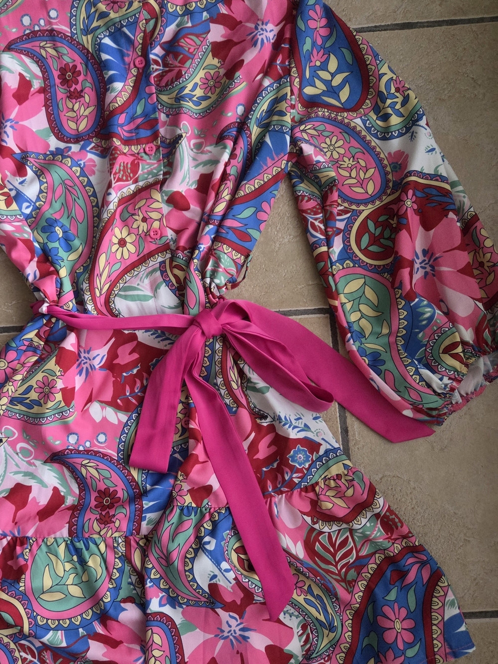 Fuchsia Paisley Tie-Belt Long Sleeve Mini Dress